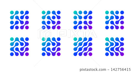 Circle dot connect logo, abstract molecule tech network. Vector science integration and symbol patterns. Metaball shape blobs merge into fluid drops. Medical innovation laboratory icon. Collagen atom 142756415