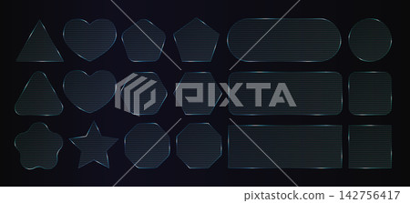 Ribbed glass transparent frame, 3d light overlay effect on dark bg. Plastic corrugated texture plate, fractal pattern square. Crystal rectangle button, hexagon round button. Glossy border tech reflect Ribbed glass transparent frame, 3d light overlay effect on dark bg. Plastic corrugated texture plate, fractal pattern square. Crystal rectangle button, hexagon round button. Glossy border tech reflect 142756417