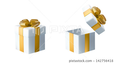 3D gift box, open present icon. Gold ribbon reward, birthday card vector xmas render. Event cute christmas giftbox isolated on white bg. Bonus PNG shopping, new year prize. Free realistic illustration 142756418