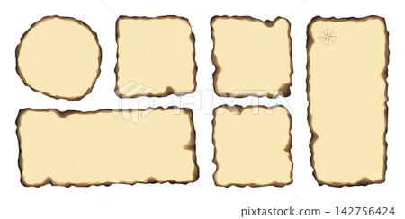 Burnt beige paper with fired edge, corner effect. Flame damaged vector page, old parchment round border with torn black ripped texture. Realistic ash note sheet frame, square heart rectangle piece Burnt beige paper with fired edge, corner effect. Flame damaged vector page, old parchment round border with torn black ripped texture. Realistic ash note sheet frame, square heart rectangle piece 142756424