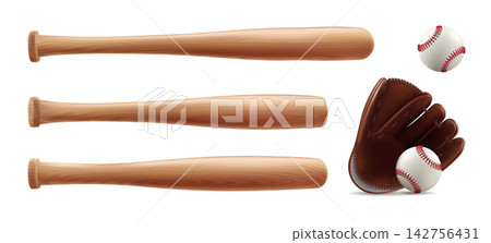 Baseball ball, bat, glove. 3d white softball, vintage player mitt, wood line stick. Logo base equipment illustration. Catch flyer american field sport. Red texture sweepstakes. Vector isolated clipart Baseball ball, bat, glove. 3d white softball, vintage player mitt, wood line stick. Logo base equipment illustration. Catch flyer american field sport. Red texture sweepstakes. Vector isolated clipart 142756431
