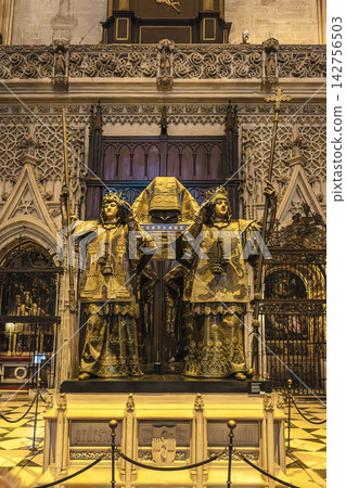 Tomb of Christopher Columbus inside Seville Cathedral, Spain 142756503
