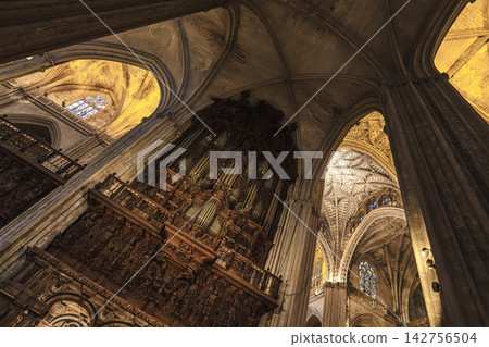 Ornate baroque organ inside Seville Cathedral 142756504