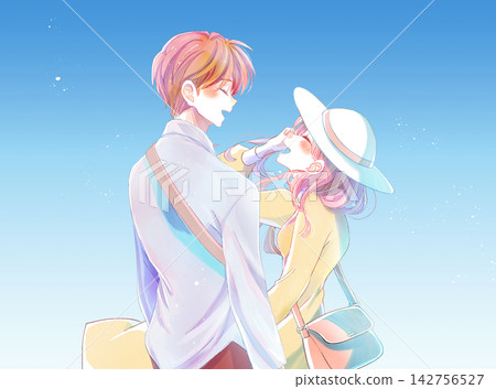 一男一女面帶笑容，迎著藍天走向戶外。 142756527
