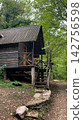 Elevated wooden hut positioned in deep wooded glade captures architectural details of traditional log framing and corrugated roof texture amidst dense green summer foliage and wild undergrowth 142756598