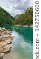 Wide canyon landscape showcases vibrant emerald river winding through dense deciduous forest and dramatic rocky cliffs under soft diffuse daylight creating a tranquil atmosphere for nature tours 142756600