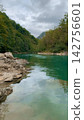 Moody forest river perspective highlights deep reflective water surfaces and rugged stone banks surrounded by overhanging tree branches under heavy grey clouds evoking a sense of calm solitude 142756601