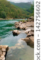 Turquoise river water flowing alongside rugged rocky riverbanks in a lush mountain valley landscape featuring deep green trees and overcast soft daylight during a serene summer afternoon retreat 142756602