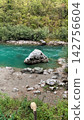 Large grey boulder resting in a vibrant turquoise mountain stream flowing through a dense forest 142756604