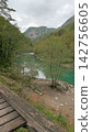 Wooden railing overlooking a winding mountain river canyon with green hills under an overcast sky 142756605
