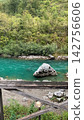 Calm turquoise river water flowing between rocky banks in a dense green mountain forest canyon 142756606