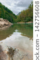 Emerald river flowing through lush mountain valley with rocky shores under a cloudy sky showcasing the pristine natural beauty of the wilderness during a peaceful spring day in a tranquil setting 142756608