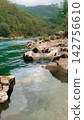 Jagged rocks lining the edge of a vibrant emerald river winding through dense forest hills during a peaceful spring day with soft natural light enhancing the clear water and canyon textures 142756610