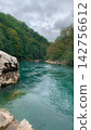 Group of people rafting on an emerald mountain river flowing through a deep forest canyon with rocky banks under an overcast sky highlighting the adventure and thrill of nature exploration 142756612