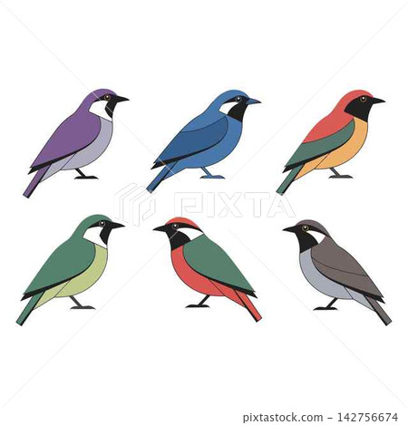 Birds Vector Illustration Set Featuring Colorful Songbirds in Profile Birds Vector Illustration Set Featuring Colorful Songbirds in Profile 142756674