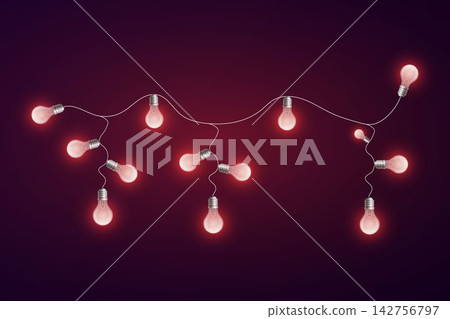 String of glowing red light bulbs creating a festive decoration on a dark background String of glowing red light bulbs creating a festive decoration on a dark background 142756797