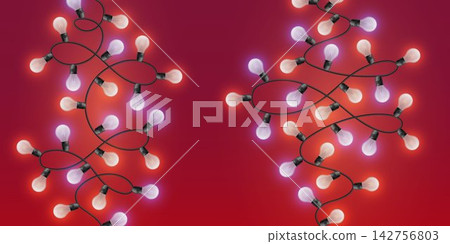 Decorative string lights creating a festive atmosphere with glowing bulbs on a red gradient Decorative string lights creating a festive atmosphere with glowing bulbs on a red gradient 142756803