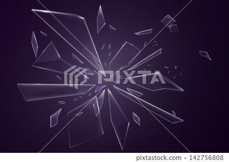 Transparent glass fragments exploding outwards, creating a dynamic abstract background Transparent glass fragments exploding outwards, creating a dynamic abstract background 142756808