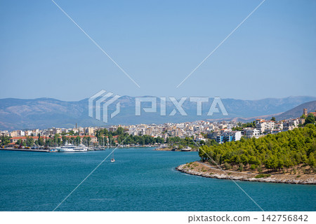 Scenic landscape view of a Mediterranean sea bay next to a resort town Scenic landscape view of a Mediterranean sea bay next to a resort town 142756842