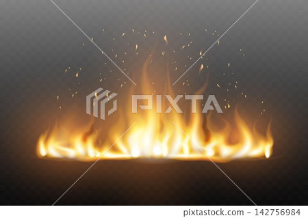 Realistic fire flames with glowing embers and sparks creating a warm light effect Realistic fire flames with glowing embers and sparks creating a warm light effect 142756984