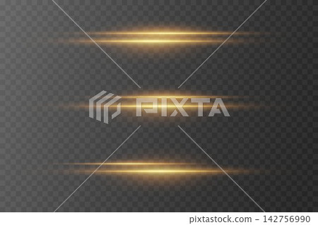 Golden light streaks creating a glowing lens flare effect on transparent background 142756990