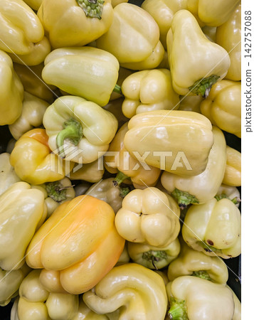 Top View of Fresh Yellow Bell Peppers Background Organic Harvest Top View of Fresh Yellow Bell Peppers Background Organic Harvest 142757088