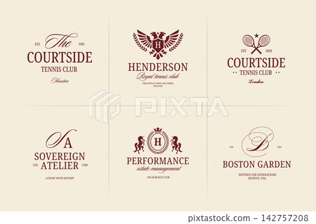 Burgundy Vintage Tennis and Heraldic Crest Logo Vector Collection, Luxury Heritage Identity Templates Burgundy Vintage Tennis and Heraldic Crest Logo Vector Collection, Luxury Heritage Identity Templates 142757208