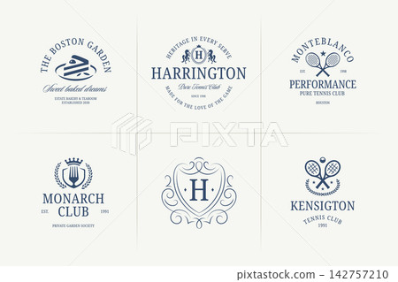 Navy Vintage Tennis Bakery and Fine Dining Crest Logo Vector Collection, Heritage Identity Templates Navy Vintage Tennis Bakery and Fine Dining Crest Logo Vector Collection, Heritage Identity Templates 142757210