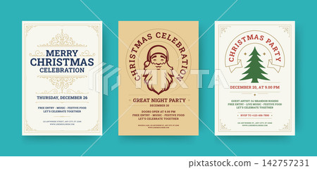 Vintage Christmas Party Flyer Set Vector Template Vintage Christmas Party Flyer Set Vector Template 142757231