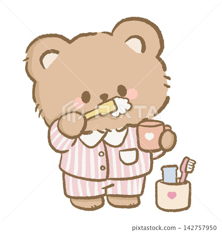 Cute Morning Routine Bear Brushing Teeth in Pink Striped Pajamas Holding Heart Mug With Toothbrush and Bathroom Essentials Illustration Cute Morning Routine Bear Brushing Teeth in Pink Striped Pajamas Holding Heart Mug With Toothbrush and Bathroom Essentials Illustration 142757950