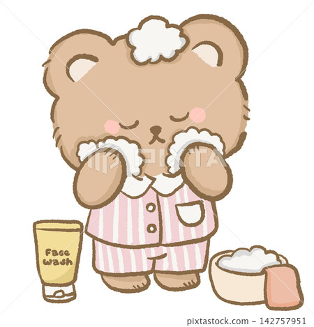 Cute Skincare Routine Bear Washing Face With Fluffy Cleanser Wearing Pink Striped Pajamas With Face Wash Towel and Self Care Essentials Cute Skincare Routine Bear Washing Face With Fluffy Cleanser Wearing Pink Striped Pajamas With Face Wash Towel and Self Care Essentials 142757951