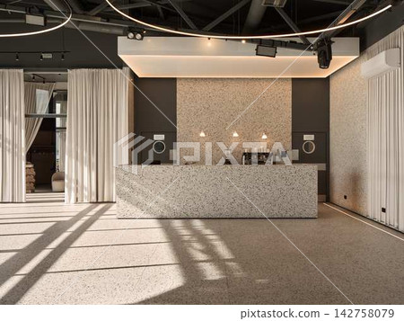 Reception area interior featuring terrazzo counter, warm ambient lighting, draped curtains, contemporary lounge seating, expansive glazing creating inviting hospitality space Reception area interior featuring terrazzo counter, warm ambient lighting, draped curtains, contemporary lounge seating, expansive glazing creating inviting hospitality space 142758079