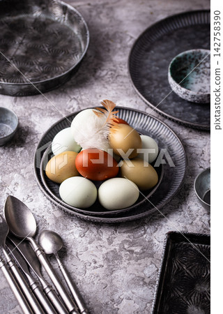 Farm blue, green and brown chicken eggs Farm blue, green and brown chicken eggs 142758390