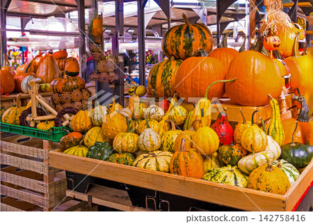 Colorful pumpkins on market stall Colorful pumpkins on market stall 142758416