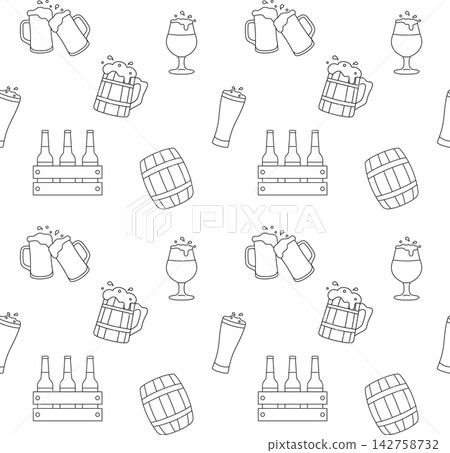 Black and white doodle pattern of full beer mugs with froth and splashes. Simple sketch for Oktoberfest posters and festival flyers Black and white doodle pattern of full beer mugs with froth and splashes. Simple sketch for Oktoberfest posters and festival flyers 142758732