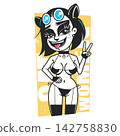 Vector anime Catwoman with a mischievous smile, showing her in a playful pose, wearing a classic cat mask and gloves, with a subtle smirk that adds to her mysterious 142758830