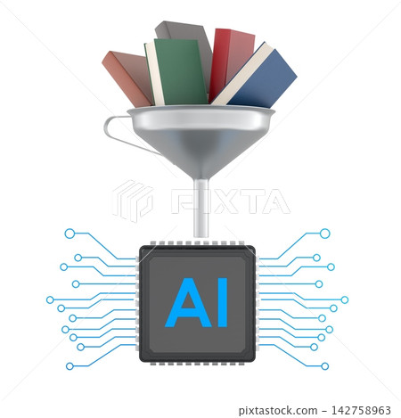 AI chip with books and funnel, machine learning training data concept. 3D rendering AI chip with books and funnel, machine learning training data concept. 3D rendering 142758963