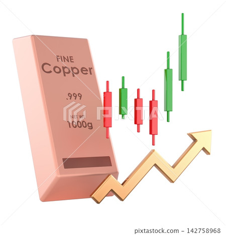 Copper bar with price chart and rising arrow, commodity market growth concept. 3D rendering Copper bar with price chart and rising arrow, commodity market growth concept. 3D rendering 142758968