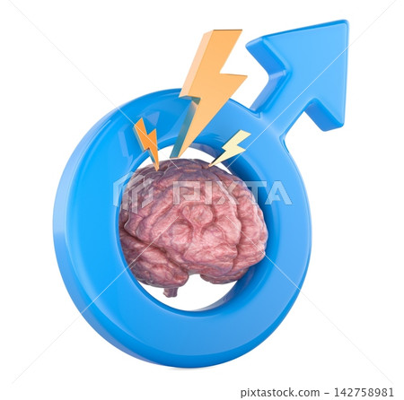 Male symbol with brain and lightning. Mens mental health concept. 3D rendering Male symbol with brain and lightning. Mens mental health concept. 3D rendering 142758981