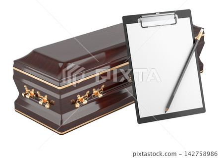 Wooden coffin with clipboard and pencil, concept of funeral planning, burial arrangements, memorial services and final wishes. 3D rendering Wooden coffin with clipboard and pencil, concept of funeral planning, burial arrangements, memorial services and final wishes. 3D rendering 142758986