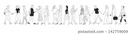 People walk. Outline crowd on city street, queue busy man with bag. Continuous woman group outside, girl and boy urban lifestyle movement. Vector line isolated minimal black and white set People walk. Outline crowd on city street, queue busy man with bag. Continuous woman group outside, girl and boy urban lifestyle movement. Vector line isolated minimal black and white set 142759009