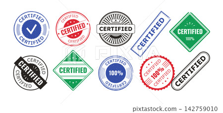 Rubber stamp. Seal quality logo, circle guarantee emblem or red grunge mark. Rectangle or circular symbol. Certified verification sign, quality control, official symbol. Vector isolated icons Rubber stamp. Seal quality logo, circle guarantee emblem or red grunge mark. Rectangle or circular symbol. Certified verification sign, quality control, official symbol. Vector isolated icons 142759010