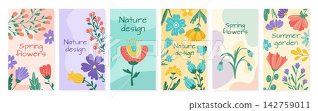 Floral poster set. Colorful hand drawn botanical covers with seasonal flowers and decorative typography, nature themed design templates and vibrant spring summer vector cartoon illustration Floral poster set. Colorful hand drawn botanical covers with seasonal flowers and decorative typography, nature themed design templates and vibrant spring summer vector cartoon illustration 142759011