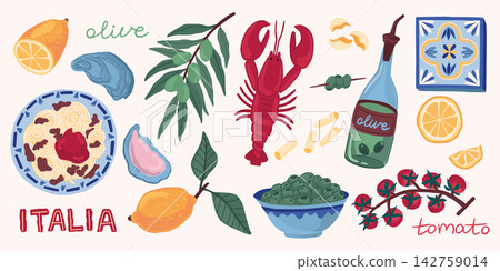 Amalfi stickers. Italy coast, Italian seaside with lobster and lemon for holiday travel. Positano Mediterranean food. Seafood and pasta culinary. Vector icons cartoon isolated illustration Amalfi stickers. Italy coast, Italian seaside with lobster and lemon for holiday travel. Positano Mediterranean food. Seafood and pasta culinary. Vector icons cartoon isolated illustration 142759014