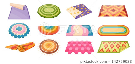 Floor mat. Carpet rug roll, door or rag cloth for cozy interior. Weaving wool decoration textures and boho patterns, round woolen inside of house assortment. Vector cartoon flat illustration Floor mat. Carpet rug roll, door or rag cloth for cozy interior. Weaving wool decoration textures and boho patterns, round woolen inside of house assortment. Vector cartoon flat illustration 142759028