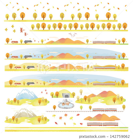 水彩風格秋季旅行場景插畫集(秋葉、山脈、當地火車線、溫泉、隧道、綠樹成蔭的街道、線條藝術) 水彩風格秋季旅行場景插畫集(秋葉、山脈、當地火車線、溫泉、隧道、綠樹成蔭的街道、線條藝術) 142759062