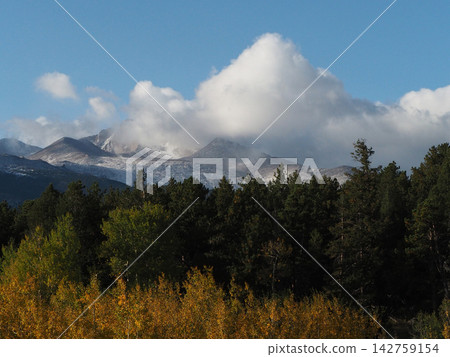A magnificent and beautiful landscape of autumn leaves, snow-capped mountains, and clouds. A magnificent and beautiful landscape of autumn leaves, snow-capped mountains, and clouds. 142759154