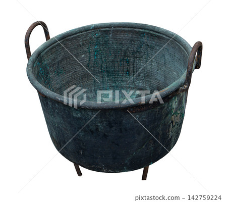 Antique Spanish copper cauldron used for wine making and cooking on a white background Antique Spanish copper cauldron used for wine making and cooking on a white background 142759224
