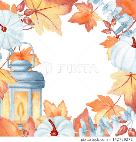 Watercolor autumn frame with illustrations pumpkins, lantern, maple leaves and berries. Hand drawn seasonal template with copy space for Thanksgiving, harvest festival and cozy greeting card design. Watercolor autumn frame with illustrations pumpkins, lantern, maple leaves and berries. Hand drawn seasonal template with copy space for Thanksgiving, harvest festival and cozy greeting card design. 142759271