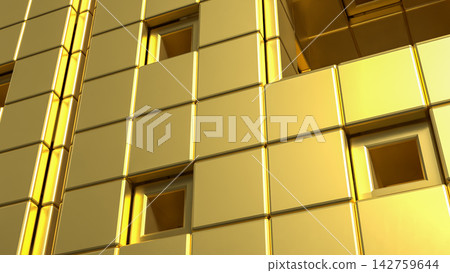 Luxurious Golden Geometric Wall with Reflective Panels and Recessed Squares 3d render. Luxurious Golden Geometric Wall with Reflective Panels and Recessed Squares 3d render. 142759644